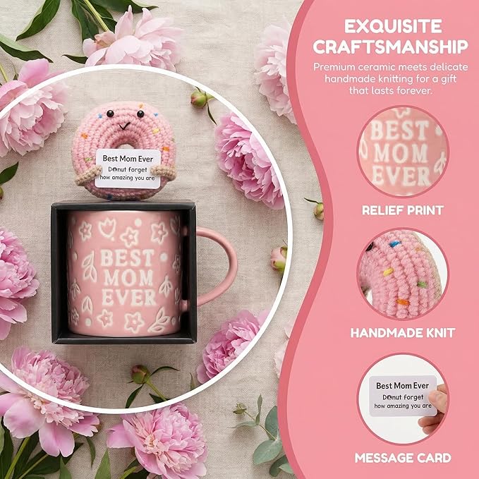 Mothers Day Gifts, Best Mom Ever Gifts for Mom from Daughter, Pink Floral Embossed Pattern Mother's Day Mug and Handmade Donut Crochet Gifts Set