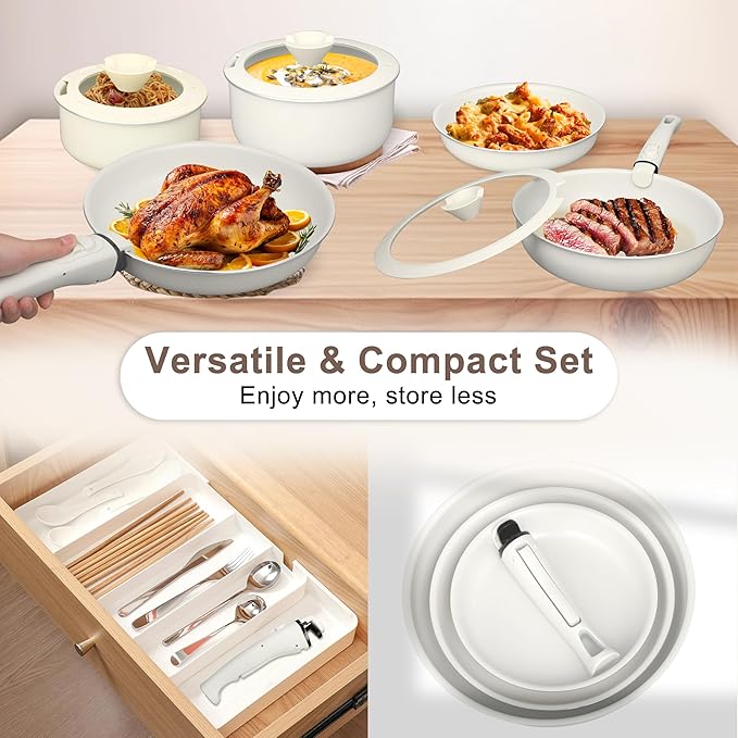 FAB&DELUXE 13Pcs Nonstick Cookware Set, Aluminum Nonstick Pots and Pans with Lids & Detachable Handle, Non-toxic Healthy Kitchen Cooking Sets, PFAS and PFOA Free