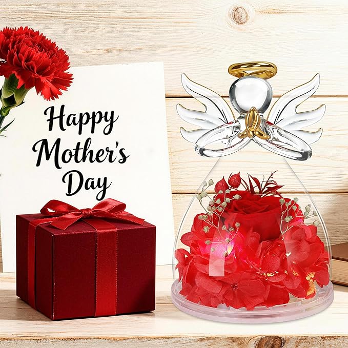Mothers Day Mom Gifts for Mom,Fresh Flowers for Delivery,Birthday Gifts for Women Her,Preserved Flowers in Angel Figurines,Angel Gifts for Moms Mothers Day Grandma Wife Sister,Light Up Red Gift