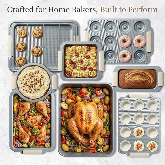 Kikcoin 25 PCS Stackable Baking Pans Set, Non-stick Bakeware Sets with Silicone Handles, 450°F Oven Safe Cookie Sheets for Baking, Easy Release Heavy-duty Baking Sheets Non Stick, Cream