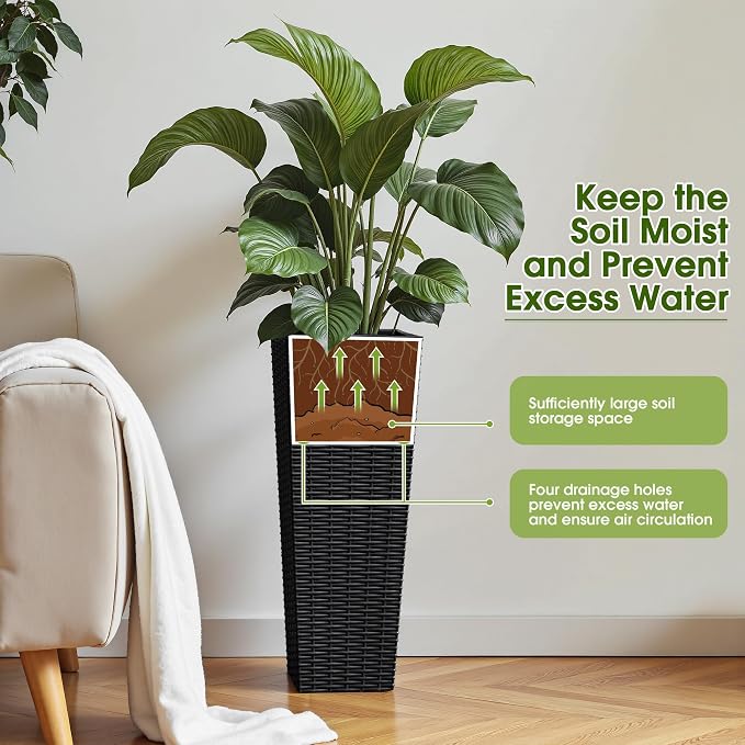 Devoko Resin Tall Planters for Outdoor Plants Set of 2, Large Taper Outdoor Planter Pots with 4 Drainage Holes, Flower Pots Modern Decor for Porch, Patio, Backyard, Home Garden (Black, 23.6")