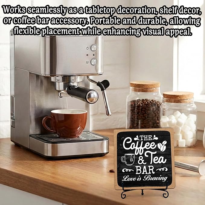 Coffee Bar Sign, Love is Brewing Farmhouse Tabletop Decor, Coffee and Tea Lover Gifts, 5x5 Wood Plaque with Iron Stand for Home Kitchen Cafe, Coffee Bar Decor – L04