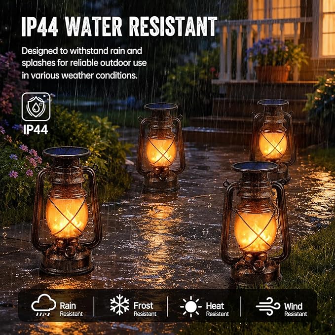 Solar Lanterns Outdoor 4 Pack, Flickering Flame LED Hanging Solar Lights with Handle, Vintage Bronze Solar Powered Lanterns for Patio Porch Garden Yard Pathway Table Camping Halloween Christmas Decor