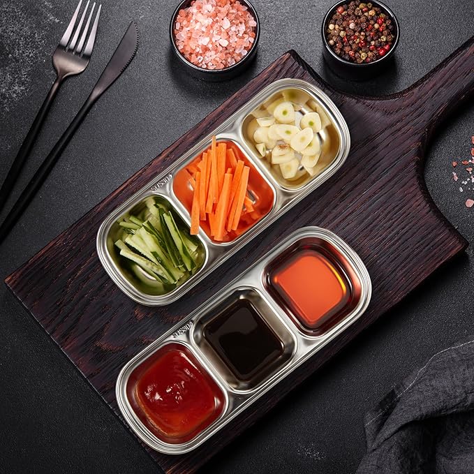 Maxcheck 12 Pcs Soy Sauce Dish Stainless Steel Divided Dip Bowls Korean 3 Compartment Sauce Plate Seasoning Dipping Condiment Tray for BBQ Vinegar Spice Salt Sugar Flavor Home Restaurant (Silver)