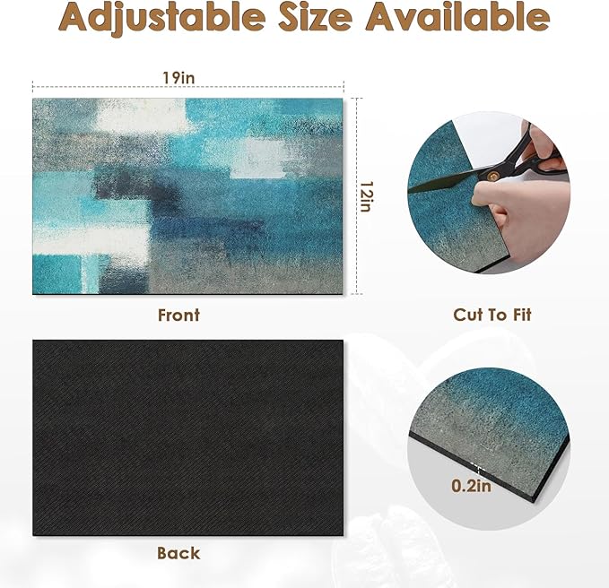 Arttown Coffee Mat for Countertops, Teal White Grey Abstract Modern Dish Drying Mat 2 Pcs for Kitchen Bar Accessory, Fit Under Coffee Maker Espresso Machine Dish Rack Hide Stain Rubber 12x19in