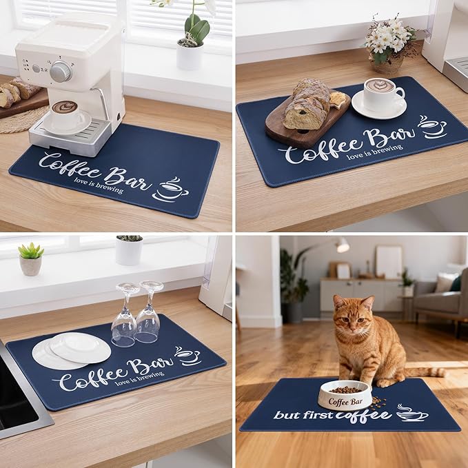SHACOS Coffee Mat 2 Pack 12x19 Inch Absorbent Non Slip Rubber Bar Accessories Coffee Maker Mat for Countertop Dish Drying Mat Heat Resistant, Dark Blue