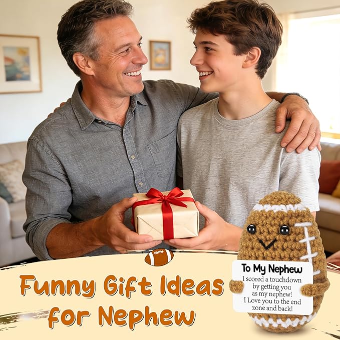 BiuNiuring Mini Funny Nephew Gifts from Auntie, Handmade Crochet Mini Football Nephew Birthday Gifts from Aunt Uncle, Nephew Present for Father's Day Cute Desk Decor