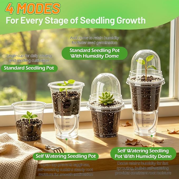 30 Pack 4" Self Watering Propagation Pots, Seed Starter Cups with Dome | Large Dual-Layer Clear Pots, Vent Dome, Self-Watering Reservoir, For Cuttings & Seedlings, 30 Plant Labels Included