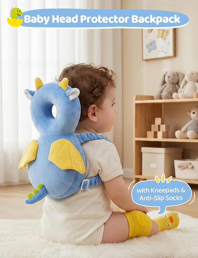 JunNeng Toddler Baby Head Protector Backpack for Toddler Walker with Knee Pads&Anti-Slip Socks, Dinosaur