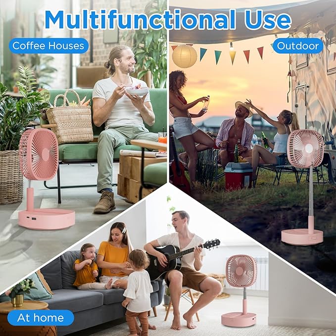 Magesh Portable Oscillating Pedestal Fan＆Remote, 120° Rotation, 3-In-1 Foldaway/Standing/Desk Fan, Anti-Slip 7200Mah Rechargeable, Telescopic 4 Speed Quiet Timer Fan Home Outdoor Travel (Pink)