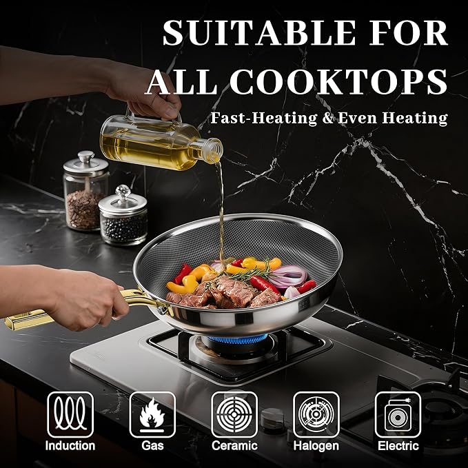 FogDream Non Stick Frying Pans, 10in Titanium Pans for Cooking, Hybrid Stainless Steel Skillet with Spatulas, PFOA Free Cookware, Stay Cool Handle, Dishwasher & Oven-Safe,Induction Compatible,Gold