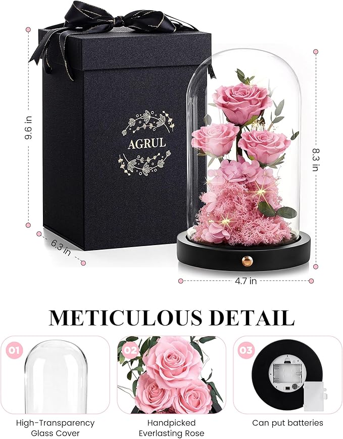 Agrul Mothers Day Flowers Roses Gifts for Mom,Forever Preserved Flower Rose in Glass Dome Fresh Flowers for Delivery Mothers Day Roses Gifts for Wife Women Mom Grandma from Daughter/Pink Rose