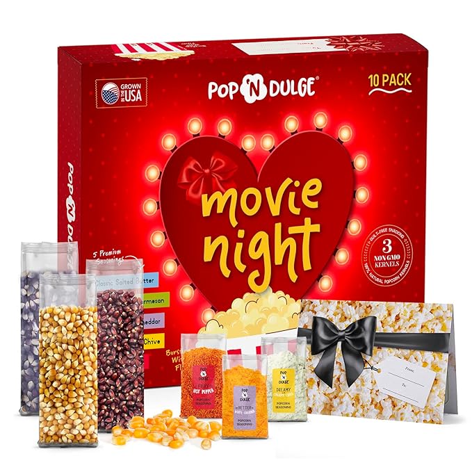 Mothers Day Gifts Movie Night Popcorn Gift Set, Mothers Day Gifts For Wife, 10 Piece Set, 5 Gourmet Popcorn Kernels and 5 Popcorn Seasoning Flavoring, Kosher, Non-GMO Movie Night Gift Baskets Gift Idea For Mom, Wife, Daughter