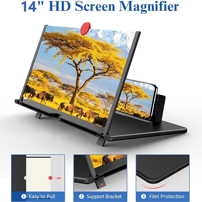 14" Screen Magnifier,3D HD Mobile Phone Magnifier Projector Screen Enlarger for Movies, Videos, and Gaming,Foldable Cell Phone Stand with Screen Amplifier,Gifts for Mom Dad(Black, 14inch)