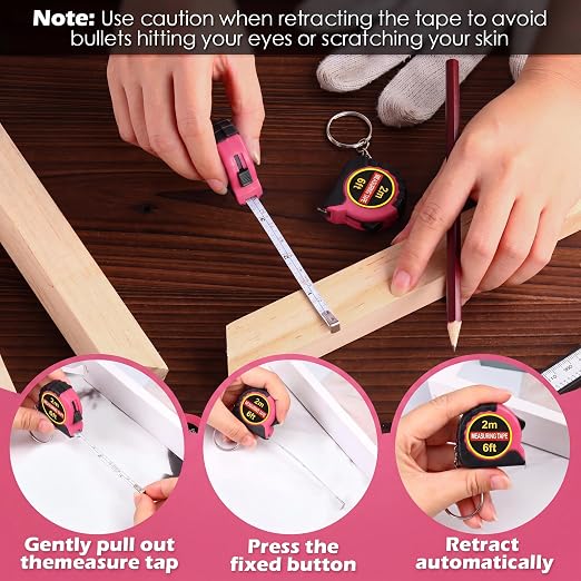 Kanayu 50 Pcs Mini Tape Measure Keychains 6 ft Small Retractable Measuring Tape Bulk with Lock Steel Easy Read Pocket for Birthday Party Favors Daily Use (Rose Pink)