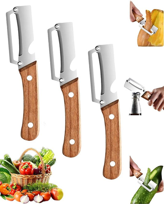 Wooden Kitchen Tool, Multifunctional Vegetable Peeler 2-in-1 with Bottle Opener, Ultra-Sharp Curved Blade, Multi Functional Vegetable Peeler Non-slip Handle for Vegetables or Fruits (3)