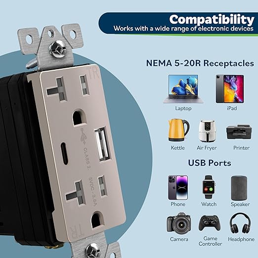 TOPGREENER 2-Port USB Outlet, Type C USB Wall Charger Outlet, 20 Amp TR Receptacle Plug, Charging Power Outlet with USB Ports, Wall Plate Included, UL Listed, TU22036AC-NKWSI, Nickel