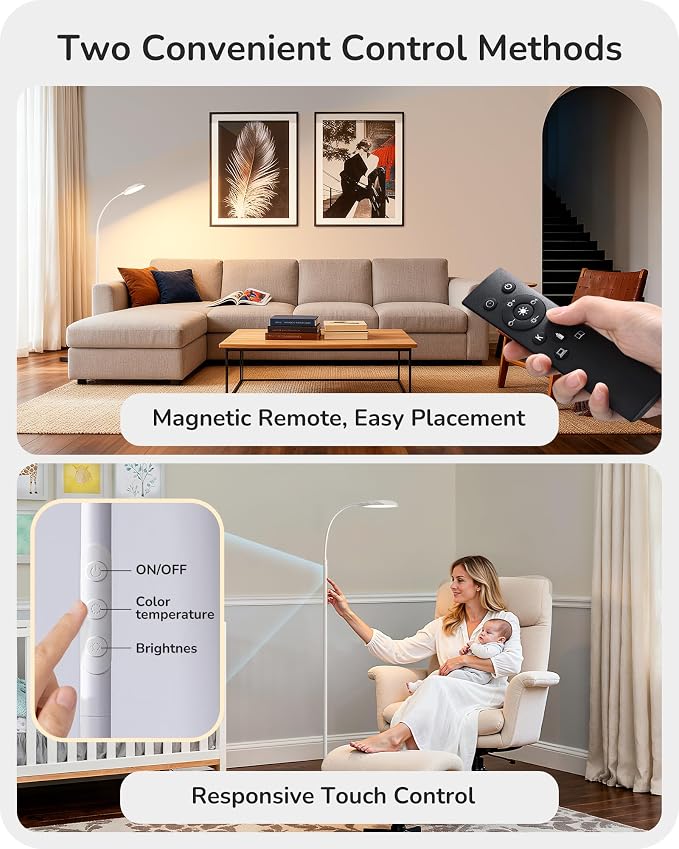 EDISHINE Gooseneck Floor Lamp, 1300LM LED Floor Lamps for Living Room, 4CCT Color Temperature Dimmable Standing Lamp, Remote & Touch Control, 30/60Min Timer Reading Light for Bedroom Office White