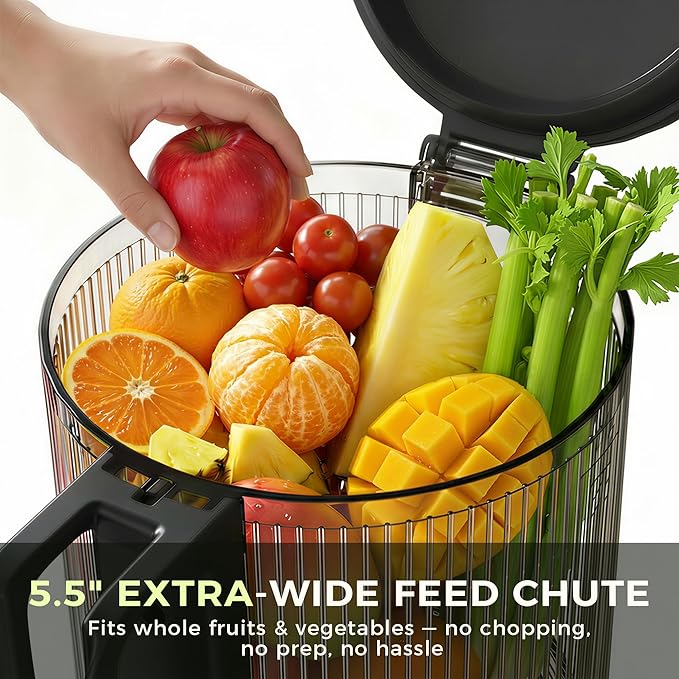 Cold Press Juicer, 5.5inch Wide Feed Chute Juicer Machine, Slow Masticating Juicer for Whole Vegetables & Fruits, Gray