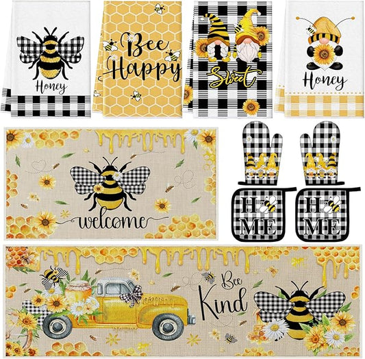 Fourluoo 10 Pcs Bee Kitchen Decor Sunflower Oven Mitts and Pot Holders Set Bee Dish Towels Rugs Mats Buffalo Plaid Farmhouse Kitchen Accessories for Chef Baking Cooking Grilling BBQ Women Home Gift