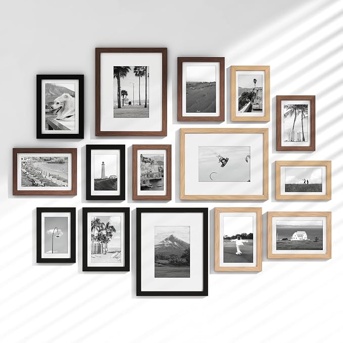 Venusmiles 15 Pack Picture Frames Collage Wall Decor, Gallery Frame Set for Wall Mounting or Tabletop Display, Multi Sizes Including 3pcs 8x10, 6pcs 5x7, 6pcs 4x6, Black+Oak+Walnut