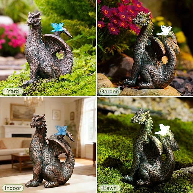 Nacome Solar Dragon Outdoor Statues for Garden: Outside Decor with Butterfly Clearance for Yard Art Lawn Ornaments Porch Patio Balcony Home House for Mom Grandma Women