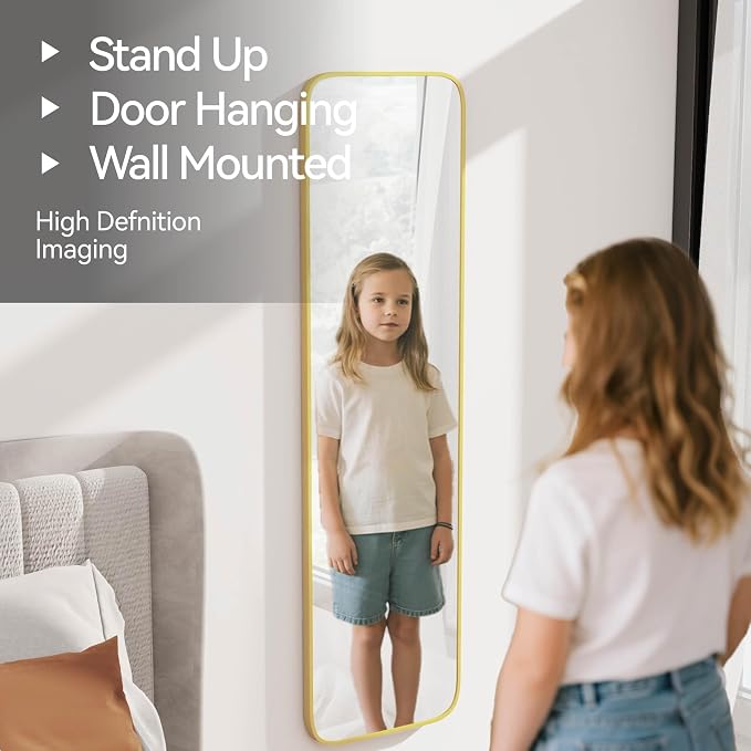 SCWF-GZ 57x16 Full Length Mirror Over The Door Hanging, Floor Stand/Wall Mounted Aluminum Alloy Frame Dressing Mirror for Bedroom Living Room 57 inch Gold