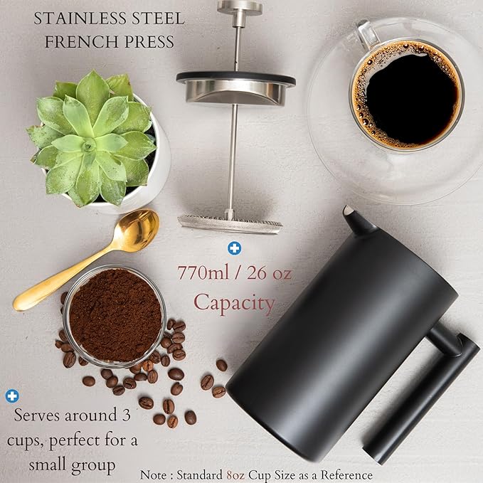 Mixpresso Black Stainless Steel French Press Coffee Maker 26 Oz 770 ml, Double Wall Insulated French Press Stainless Steel, Easy Clean Tea Brewer, Easy Press Durable Metal Coffee Press