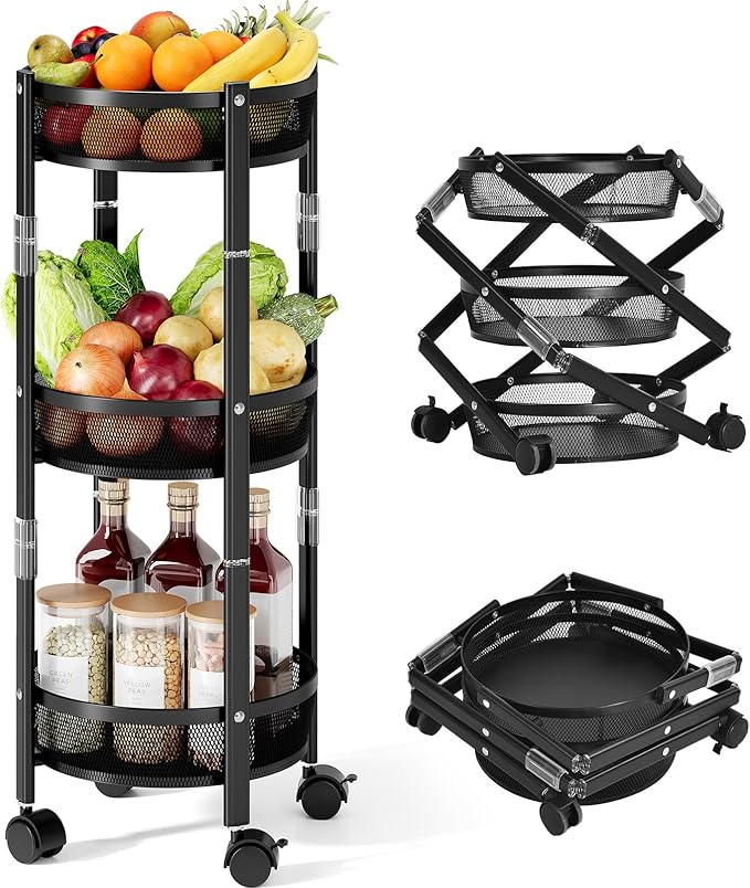 TOOLF 3-Tier Foldable Rolling Cart, Collapsible Metal Utility Cart with Wheels, Assembly-Free, Round Storage Organizer Trolley for Kitchen, Bathroom, Dorm, Nursery, Black