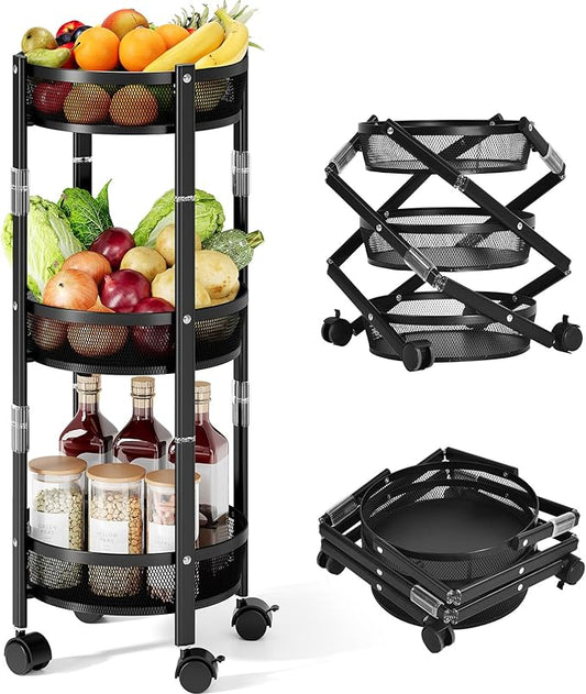 TOOLF 3-Tier Foldable Rolling Cart, Collapsible Metal Utility Cart with Wheels, Assembly-Free, Round Storage Organizer Trolley for Kitchen, Bathroom, Dorm, Nursery, Black