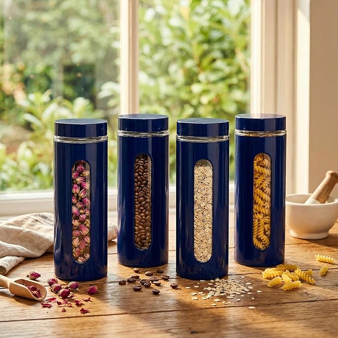 Mimorou 6 Pack Kitchen Canisters Set Airtight Coffee Sugar Tea Storage Jars with Window Glass Stainless Steel Containers with Lids for Flour Cookies Spices Grains Kitchen Decorations(Navy Blue,60 oz)