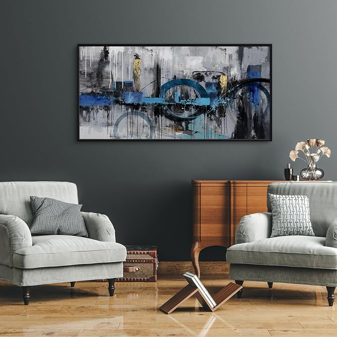 KLAKLA Abstract Wall Art - Blue and Gray Pictures Canvas Artwork for Living Room Bedroom Horizontal Black Framed Above Bed Wall Decor - 24x48