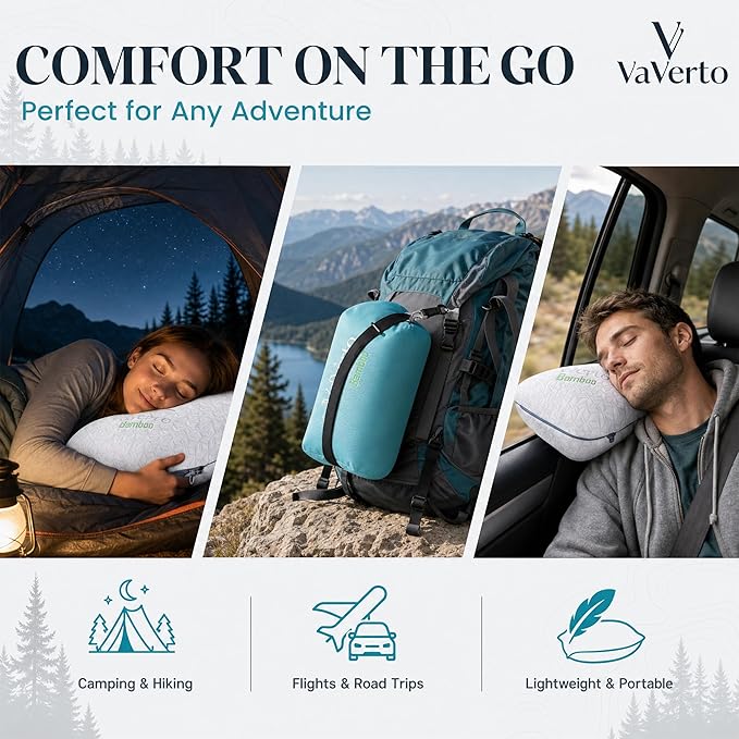 Vaverto Small Memory Foam Bed Pillow for Camping - Compressible Medium Firm, Breathable Cover, Machine Washable, Ideal Backpacking