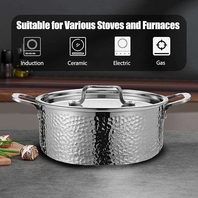Vivicreate 20 Piece Tri-Ply Stainless Steel Cookware Set, Hammered Pots and Pans with 2 Nonstick Frying Pans and 2 Pots with Lids, 304 Interior, Induction Compatible