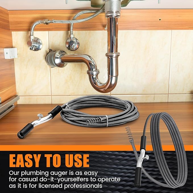 Threlaco 25 ft Drain Auger Plumbing Snake for Heavy Deep Blockages 3/8" Diameter Flexible Plumbing Cables Drain Snake for Kitchen Bathroom Shower Sink Cleaning Drainage Clogs