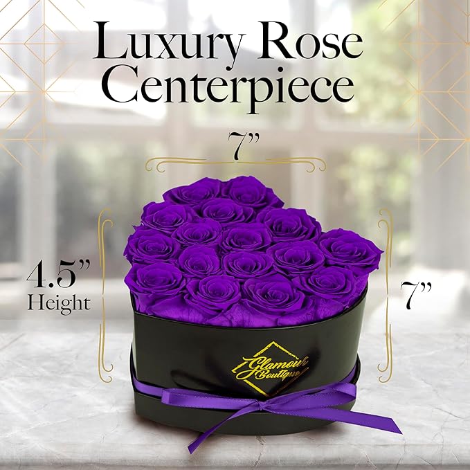 GLAMOUR BOUTIQUE 16 Flower Forever Heart Shape Box, Eternal Preserved Roses Gift for Her, Lasting Flowers, Romantic Floral Keepsake for Birthday, Anniversary or Valentine’s Day, Purple (Color-Treated)