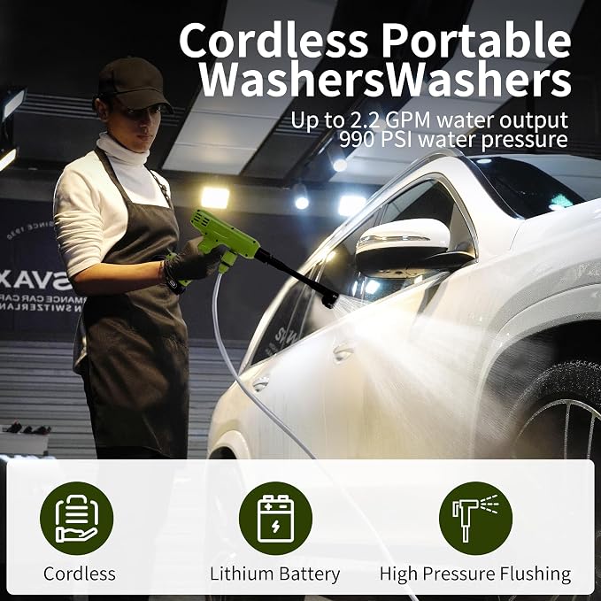 Cordless Pressure Washer,1200PSI Portable Power Washer with 4Ah Battery&Charger,6-in-1 Nozzle,5 Meter Hose,Handheld High-Pressure Car Washer for Cars/Yard/Home/Floor,Green