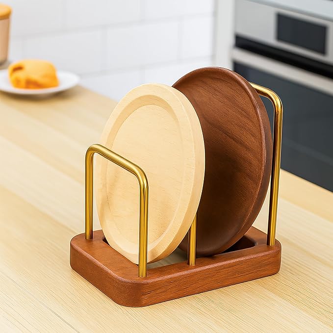 Chopping Board Rack with Wood Base – Multi Layer Kitchen Organizer Stand for Cutting Boards Pot Lids, Baking Trays Pans and Plates Cabinet Storage Divider Accessory Home Countertop or Inside Cabinets