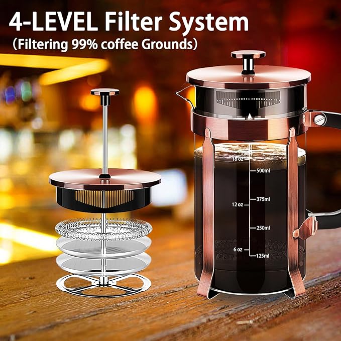 YMMIND French Press Coffee Maker 304 Stainless Steel Coffee Press,with 4 Filters System, Heat Resistant Thickness Borosilicate French Press Glass, BPA-Free Brewed Tea Pot Coffee Plunger(Copper 12oz)