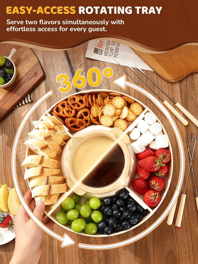 Electric Chocolate Fondue Set, 4-Cup Chocolate, Rotating Tray | Melt & Warm Modes, Dual Silicone Inserts, 6 Color-Coded Forks, Easy-Clean, Ideal for Candy Melts, Couple Family & Date Night