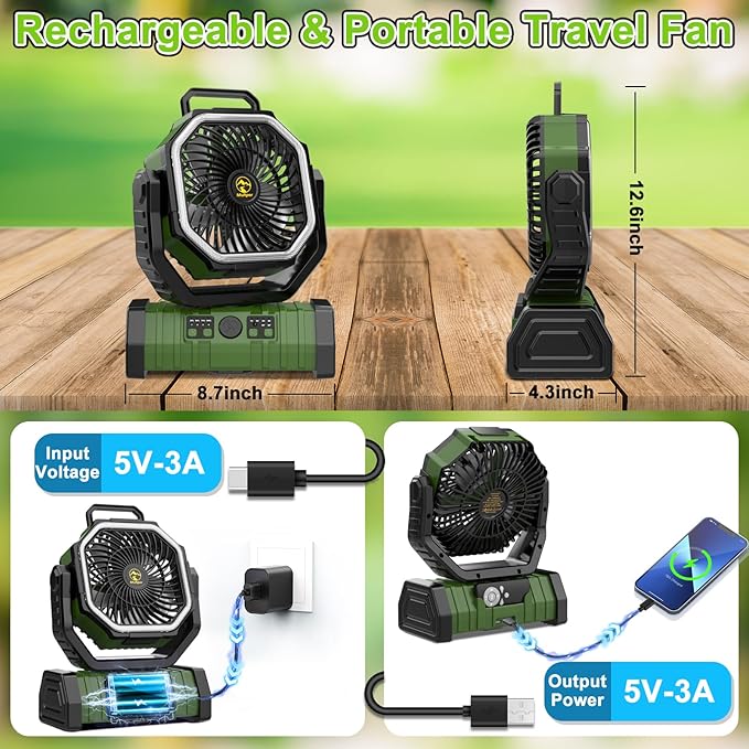 20000mAh Rechargeable Camping Fan, Auto-Oscillating Portable Fan for Camping with Remote & LED Lantern, 4 Speeds Battery Powered Fan with Hanging Hook & Timer for Tent, Travel, Outdoor, Home, RV