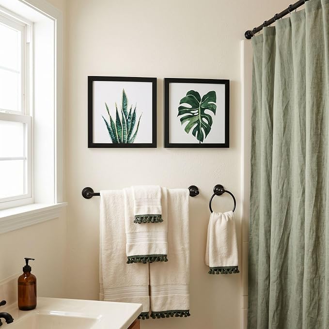ArtbyHannah Framed Bathroom Wall Art Decor, 8x8 Inch 4 Pack Botanical Gallery Wall Frame Set Modern Farmhouse Sage Green Prints Artwork for Spa, Restroom, Bedroom, Office Decoration (Black)
