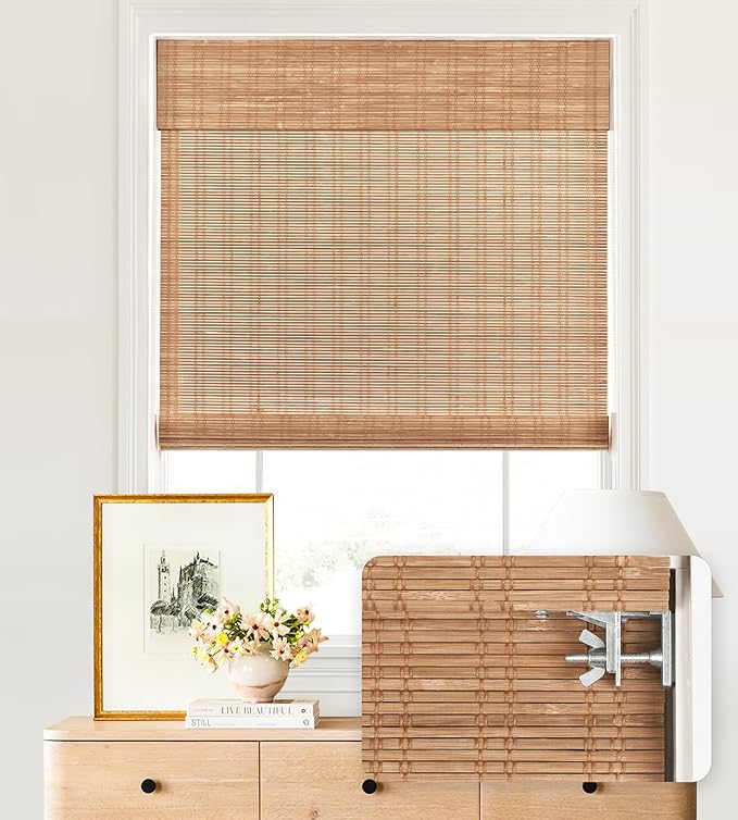 LazBlinds No Tools No Drill Cordless Bamboo Roman Shades, Light Filtering Window Treatment, Roll Up Bamboo Blinds for Windows 25'' W x 48'' H, Ceylon Light Russet