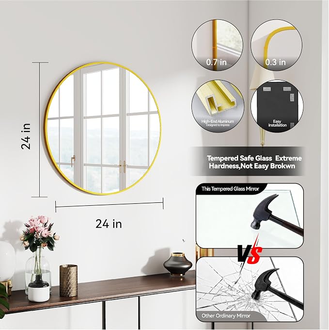 SCWF-GZ 24" Round Mirror Circle Wall Mounted Hanging or Against Wall Metal Frame Dressing Make-up Mirrors for Entryway Bedroom Bathroom Living Room 24 inch Gold