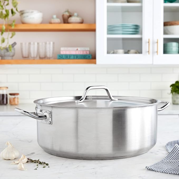 Winco 20 qt Stainless Steel Brazier Pan with Lid | Flat bottom, Wide base, Riveted handles, Induction safe, Great for Braising, Simmering, Batch Cooking and Restaurant Kitchens