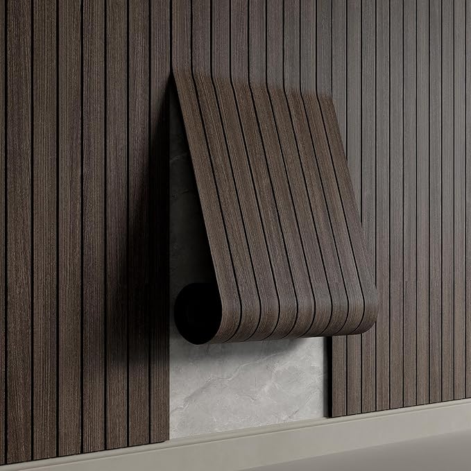 YU LI 3DH Peel and Stick PVC Slat Wall Panel 236"x15.75" Self-Adhesive Thick Faux Smoked Wood Grain Wallpaper Panel 3D Soundproof Wall Panels for Walls & Ceilings