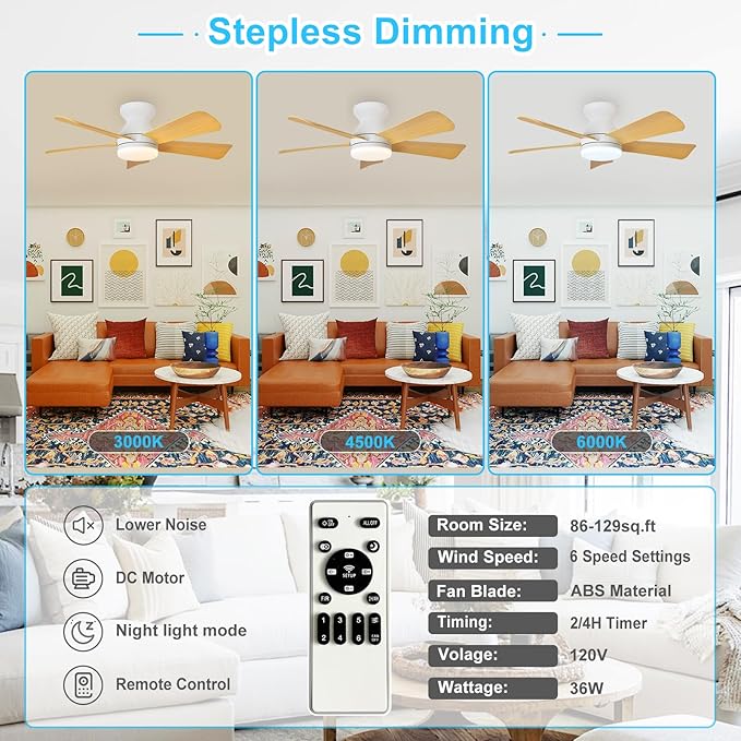 Depuley Modern Ceiling Fan with Light: 35-Inch White Small Fans for Bedroom Indoor Outdoor - Dimmable Low Profile Ceiling Fans with Remote Control Flush Mount 5 Reversible Wood Blades 6 Speeds Timer