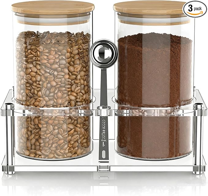 YAGELI Glass Coffee Canister Set with Acrylic Shelf, 2-Pack 44oz Airtight Food Storage Containers, Bamboo Lid & Scoop for Ground Coffee Sugar Tea Nuts Kitchen Pantry
