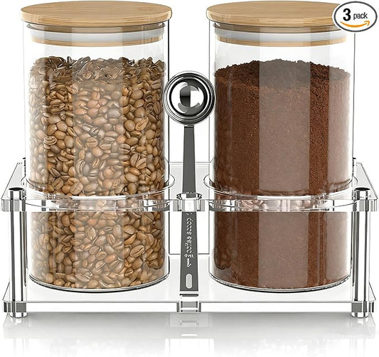 YAGELI Glass Coffee Canister Set with Acrylic Shelf, 2-Pack 44oz Airtight Food Storage Containers, Bamboo Lid & Scoop for Ground Coffee Sugar Tea Nuts Kitchen Pantry