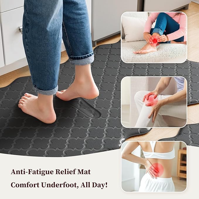 Arenarug Upgrade Scalloped Embossed Kitchen Mats for Floor 2PCS Cushioned Anti Fatigue Waterproof Foam Kitchen Rugs Non Slip Washable Comfort Standing Mat for Office Sink Laundry, Black